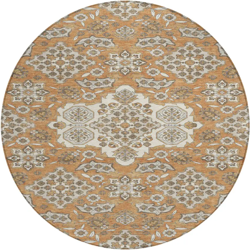 8' Terra Cotta Gray And Beige Round Medallion Washable Indoor Outdoor Area Rug Photo 1