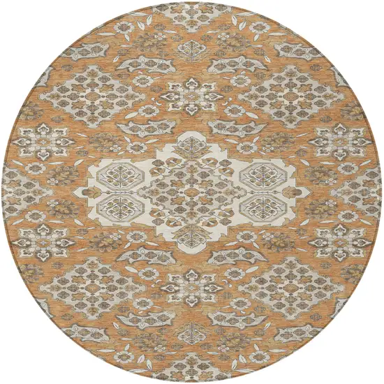 8' Terra Cotta Gray And Beige Round Medallion Washable Indoor Outdoor Area Rug Photo 4