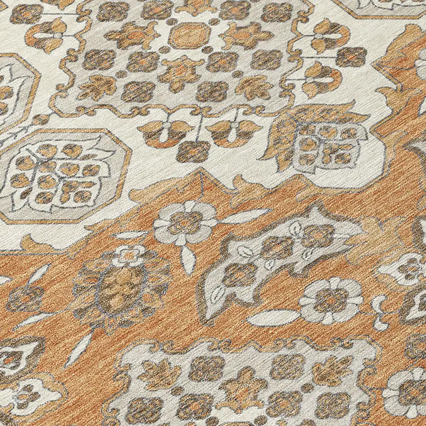 8' Terra Cotta Gray And Beige Round Medallion Washable Indoor Outdoor Area Rug Photo 9