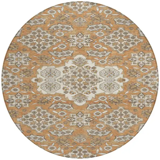 8' Terra Cotta Gray And Beige Round Medallion Washable Indoor Outdoor Area Rug Photo 3