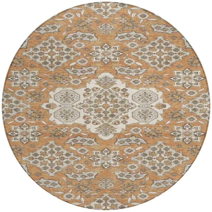 8' Terra Cotta Gray And Beige Round Medallion Washable Indoor Outdoor Area Rug Photo 3