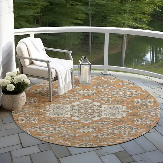 8' Terra Cotta Gray And Beige Round Medallion Washable Indoor Outdoor Area Rug Photo 5