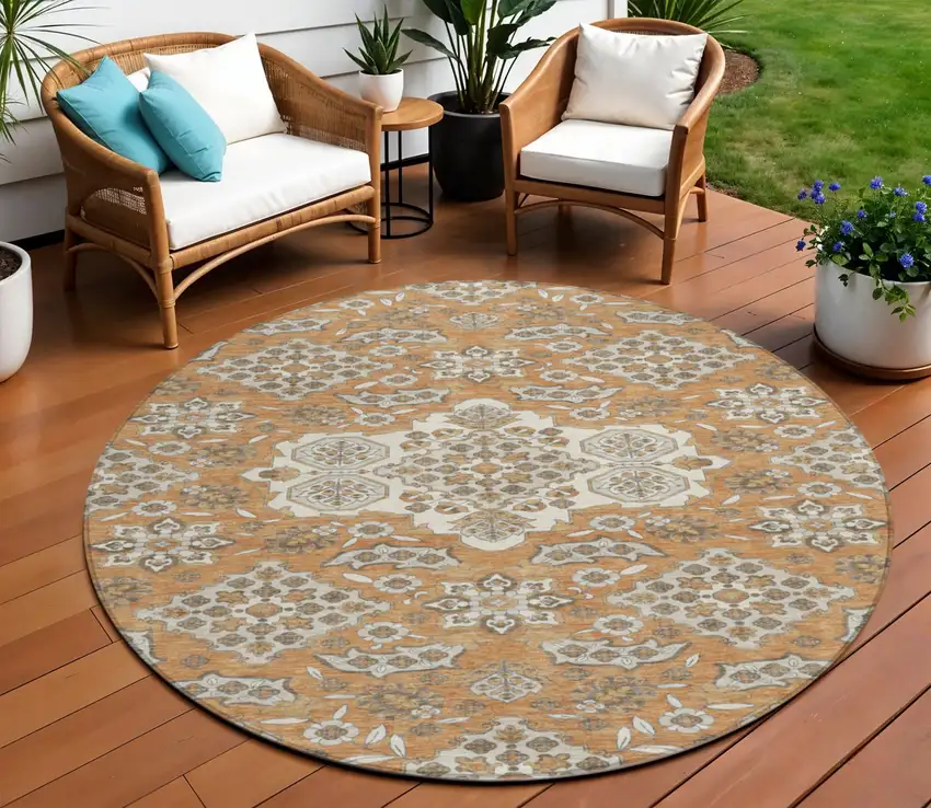 8' Terra Cotta Gray And Beige Round Medallion Washable Indoor Outdoor Area Rug Photo 2