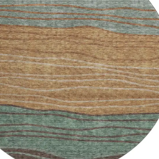 8' Terra Cotta Gray And Beige Striped Washable Round Rug With UV Protection Photo 3