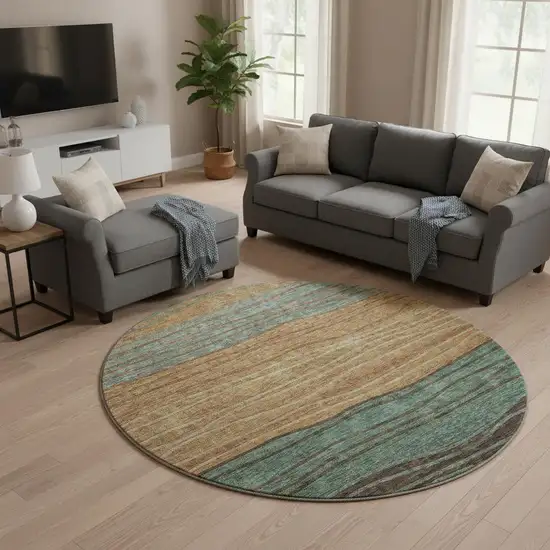 8' Terra Cotta Gray And Beige Striped Washable Round Rug With UV Protection Photo 2