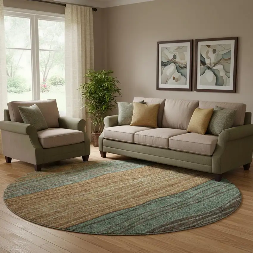 8' Terra Cotta Gray And Beige Striped Washable Round Rug With UV Protection Photo 1