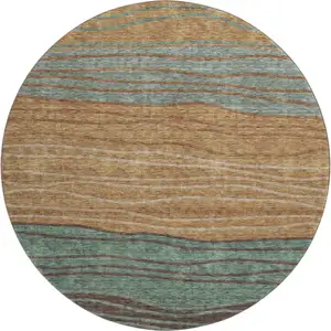 Photo of 8' Terra Cotta Gray And Beige Striped Washable Round Rug With UV Protection