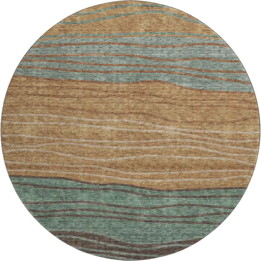 8' Terra Cotta Gray And Beige Striped Washable Round Rug With UV Protection Photo 1