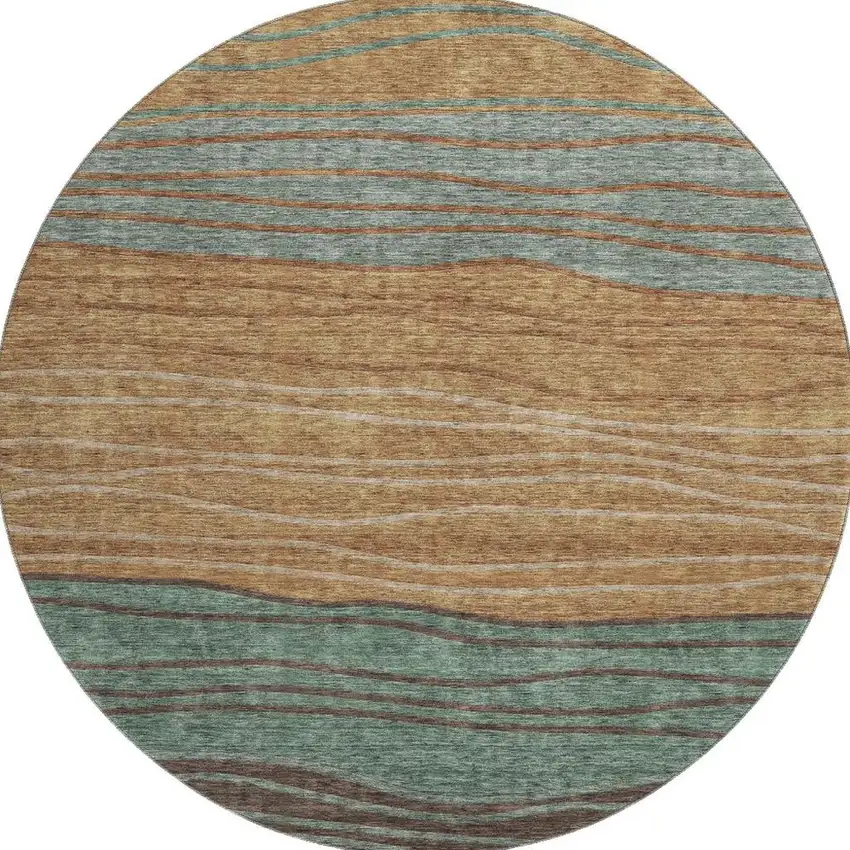 8' Terra Cotta Gray And Beige Striped Washable Round Rug With UV Protection Photo 4