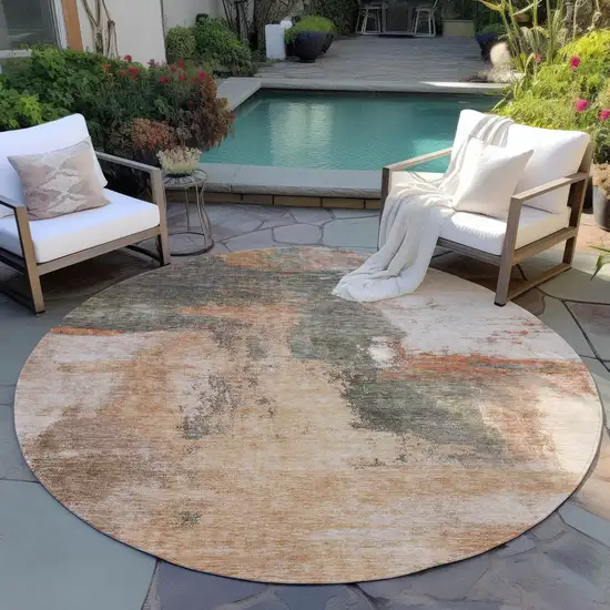 8' Terra Cotta Gray And Brown Round Abstract Washable Indoor Outdoor Area Rug Photo 7