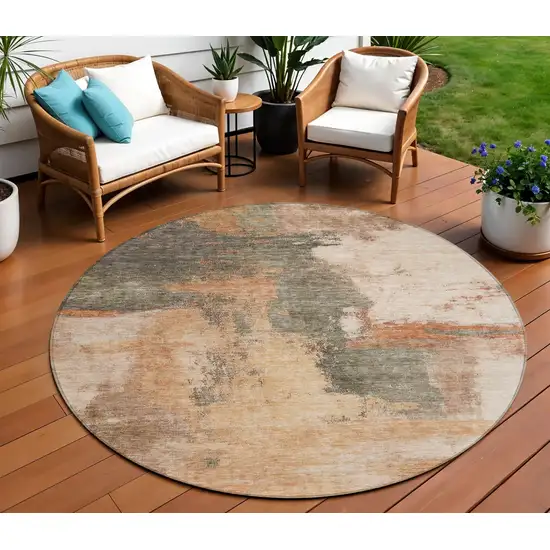 8' Terra Cotta Gray And Brown Round Abstract Washable Indoor Outdoor Area Rug Photo 1
