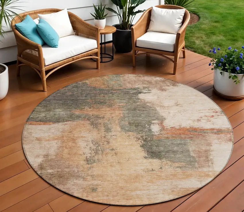 8' Terra Cotta Gray And Brown Round Abstract Washable Indoor Outdoor Area Rug Photo 1