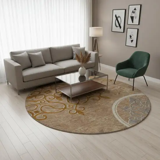 8' Terra Cotta Gray And Gold Floral Medallion Washable Round Rug With UV Protection Photo 2