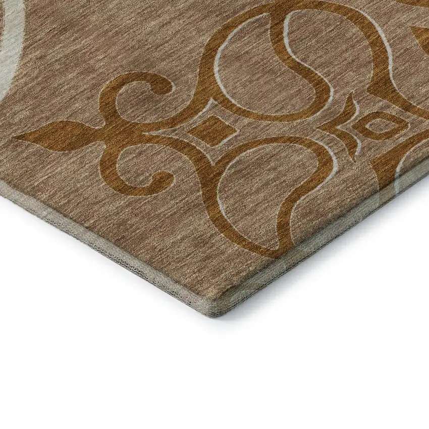 8' Terra Cotta Gray And Gold Floral Medallion Washable Round Rug With UV Protection Photo 7