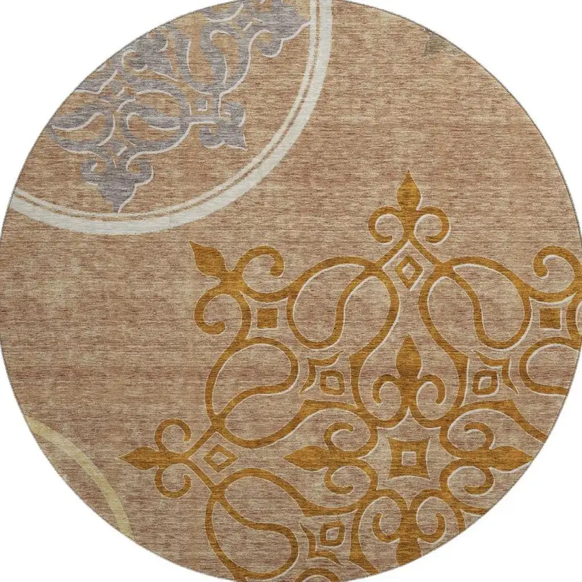 8' Terra Cotta Gray And Gold Floral Medallion Washable Round Rug With UV Protection Photo 3
