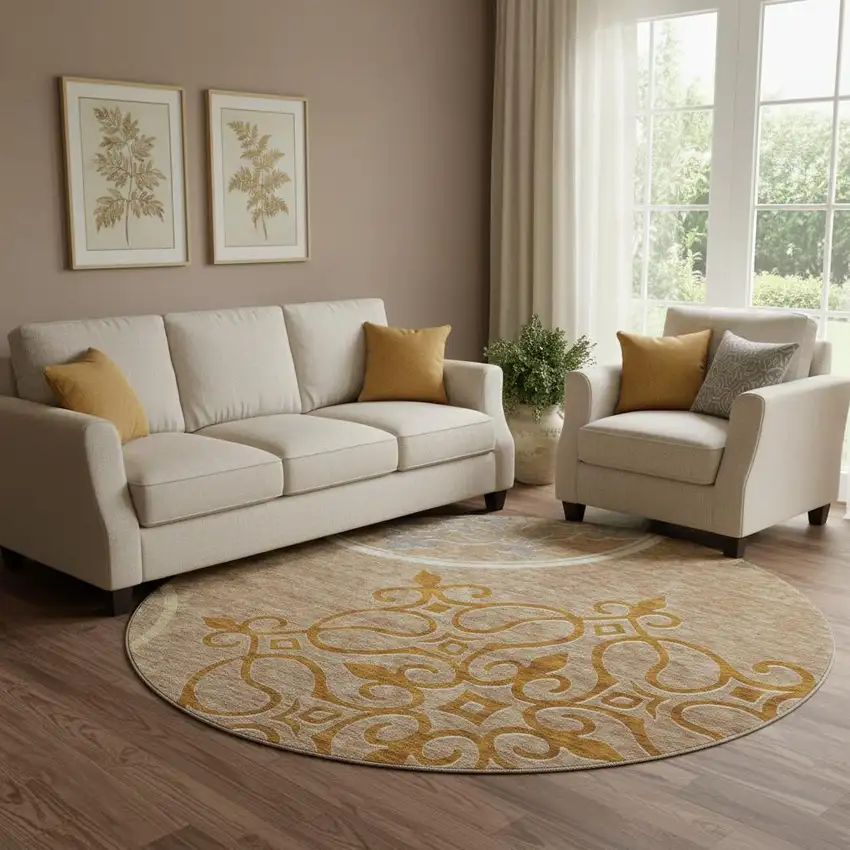 8' Terra Cotta Gray And Gold Floral Medallion Washable Round Rug With UV Protection Photo 1