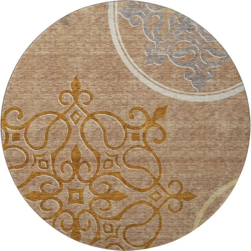 8' Terra Cotta Gray And Gold Floral Medallion Washable Round Rug With UV Protection Photo 4