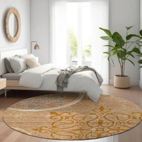 8' Terra Cotta Gray And Gold Floral Medallion Washable Round Rug With UV Protection Photo 5