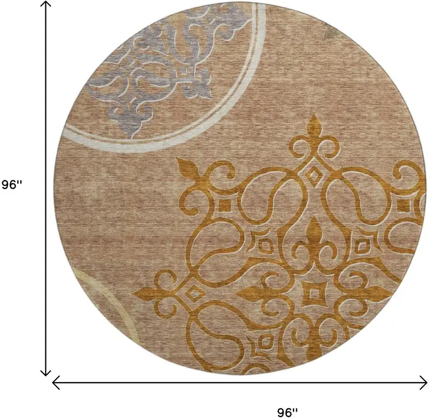 8' Terra Cotta Gray And Gold Floral Medallion Washable Round Rug With UV Protection Photo 8