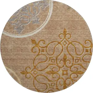 Photo of 8' Terra Cotta Gray And Gold Floral Medallion Washable Round Rug With UV Protection