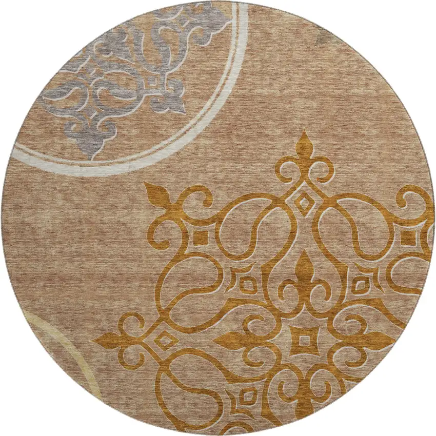 8' Terra Cotta Gray And Gold Floral Medallion Washable Round Rug With UV Protection Photo 1