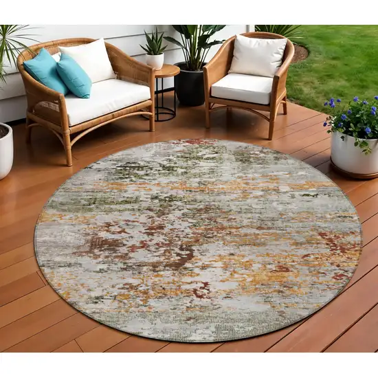 8' Terra Cotta Gray And Ivory Round Abstract Washable Indoor Outdoor Area Rug Photo 2