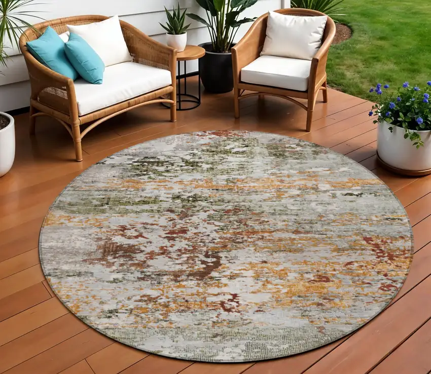 8' Terra Cotta Gray And Ivory Round Abstract Washable Indoor Outdoor Area Rug Photo 2