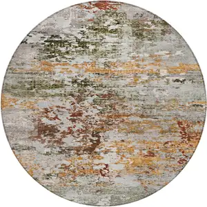 Photo of 8' Terra Cotta Gray And Ivory Round Abstract Washable Indoor Outdoor Area Rug