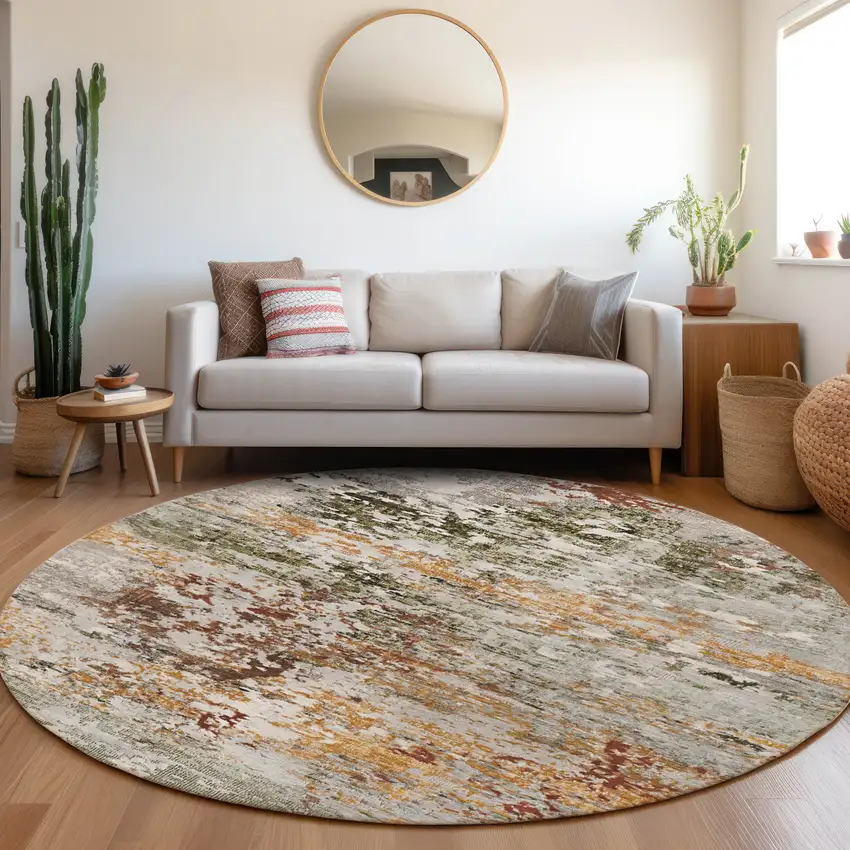 8' Terra Cotta Gray And Ivory Round Abstract Washable Indoor Outdoor Area Rug Photo 6