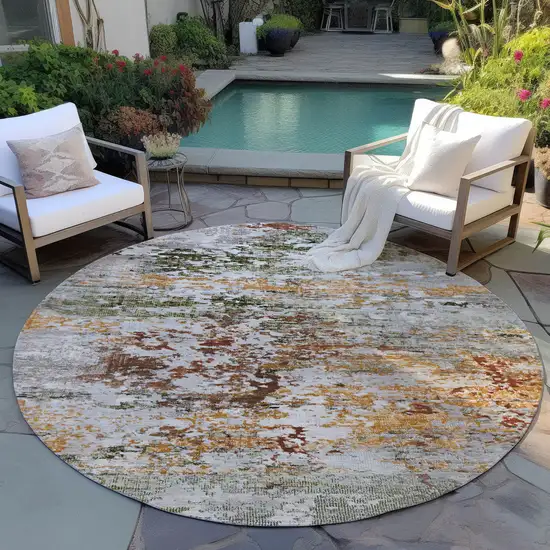 8' Terra Cotta Gray And Ivory Round Abstract Washable Indoor Outdoor Area Rug Photo 5