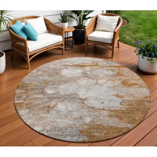 8' Terra Cotta Gray And Silver Round Abstract Washable Indoor Outdoor Area Rug Photo 1
