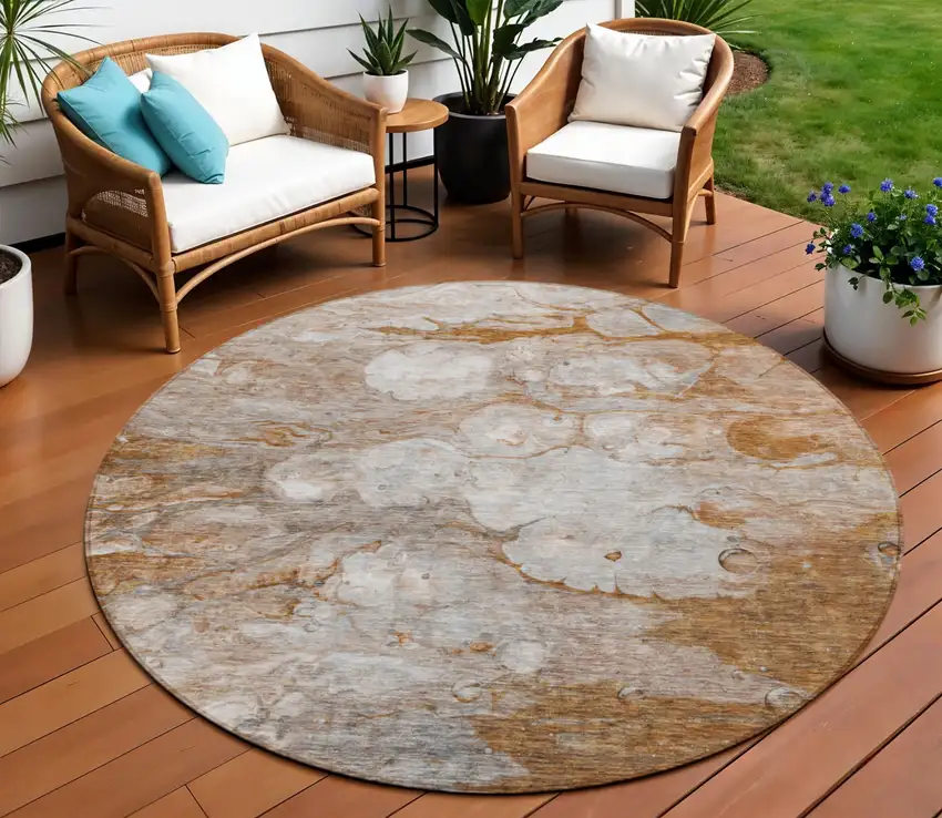 8' Terra Cotta Gray And Silver Round Abstract Washable Indoor Outdoor Area Rug Photo 1