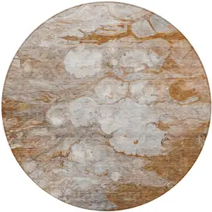 Photo of 8' Terra Cotta Gray And Silver Round Abstract Washable Indoor Outdoor Area Rug