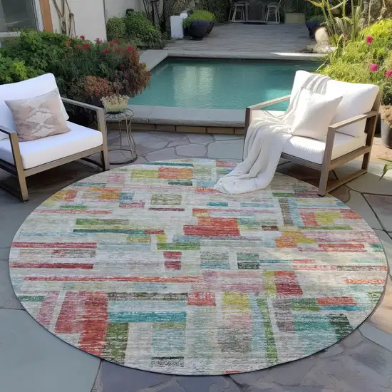8' Terra Cotta Green And Brown Round Striped Washable Indoor Outdoor Area Rug Photo 7