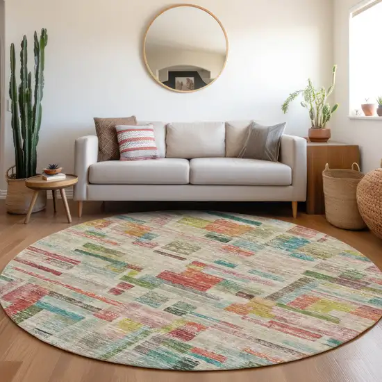 8' Terra Cotta Green And Brown Round Striped Washable Indoor Outdoor Area Rug Photo 8