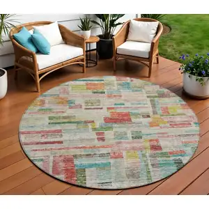 Photo of 8' Terra Cotta Green And Brown Round Striped Washable Indoor Outdoor Area Rug
