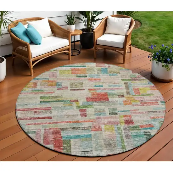 8' Terra Cotta Green And Brown Round Striped Washable Indoor Outdoor Area Rug Photo 1