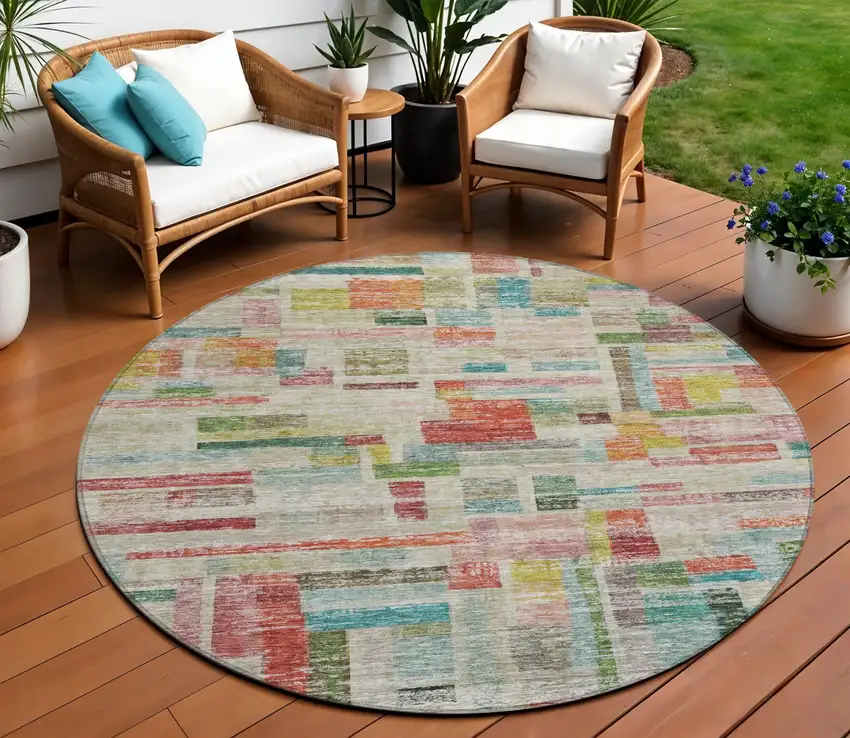 8' Terra Cotta Green And Brown Round Striped Washable Indoor Outdoor Area Rug Photo 1