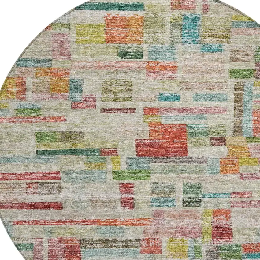 8' Terra Cotta Green And Brown Round Striped Washable Indoor Outdoor Area Rug Photo 4