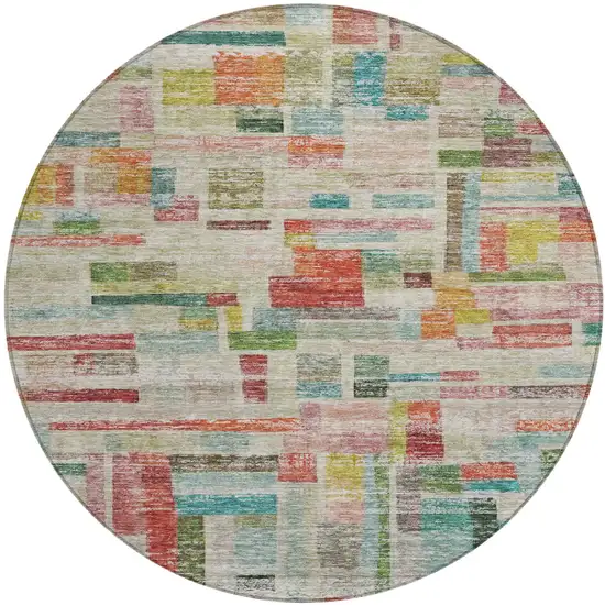 8' Terra Cotta Green And Brown Round Striped Washable Indoor Outdoor Area Rug Photo 2