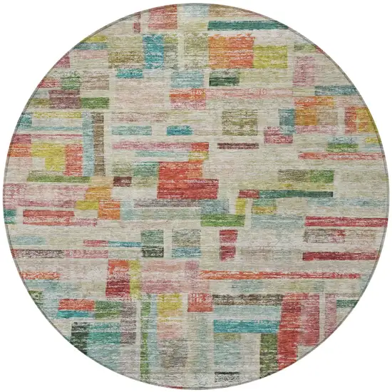 8' Terra Cotta Green And Brown Round Striped Washable Indoor Outdoor Area Rug Photo 6