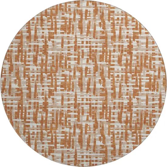 8' Terra Cotta Ivory And Beige Abstract Geometric Washable Round Rug With UV Protection Photo 1