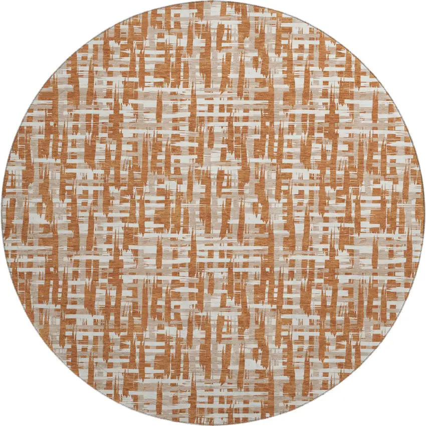 8' Terra Cotta Ivory And Beige Abstract Geometric Washable Round Rug With UV Protection Photo 1