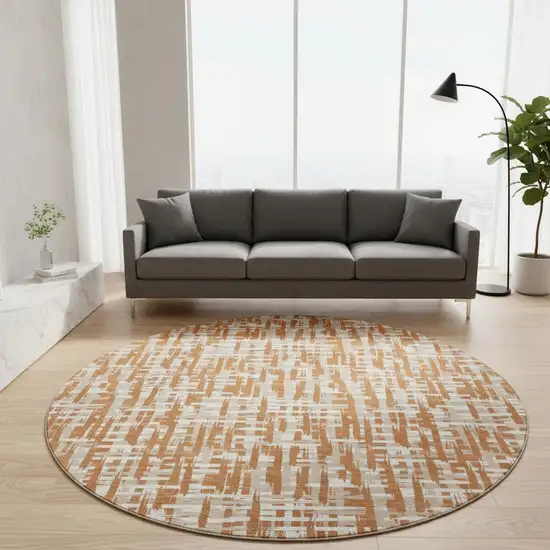 8' Terra Cotta Ivory And Beige Abstract Geometric Washable Round Rug With UV Protection Photo 2