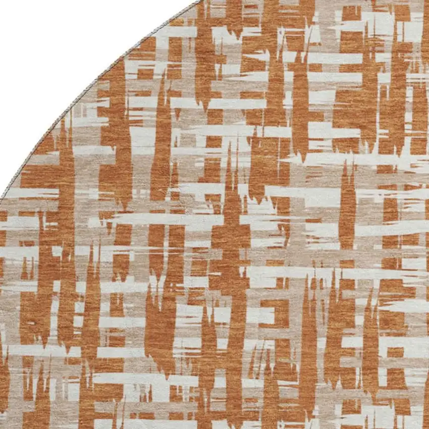8' Terra Cotta Ivory And Beige Abstract Geometric Washable Round Rug With UV Protection Photo 2