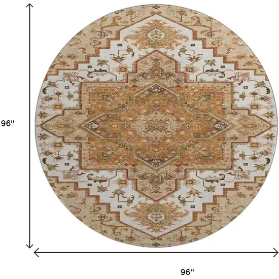 8' Terra Cotta Ivory And Beige Oriental Washable Round Rug With UV Protection Photo 9