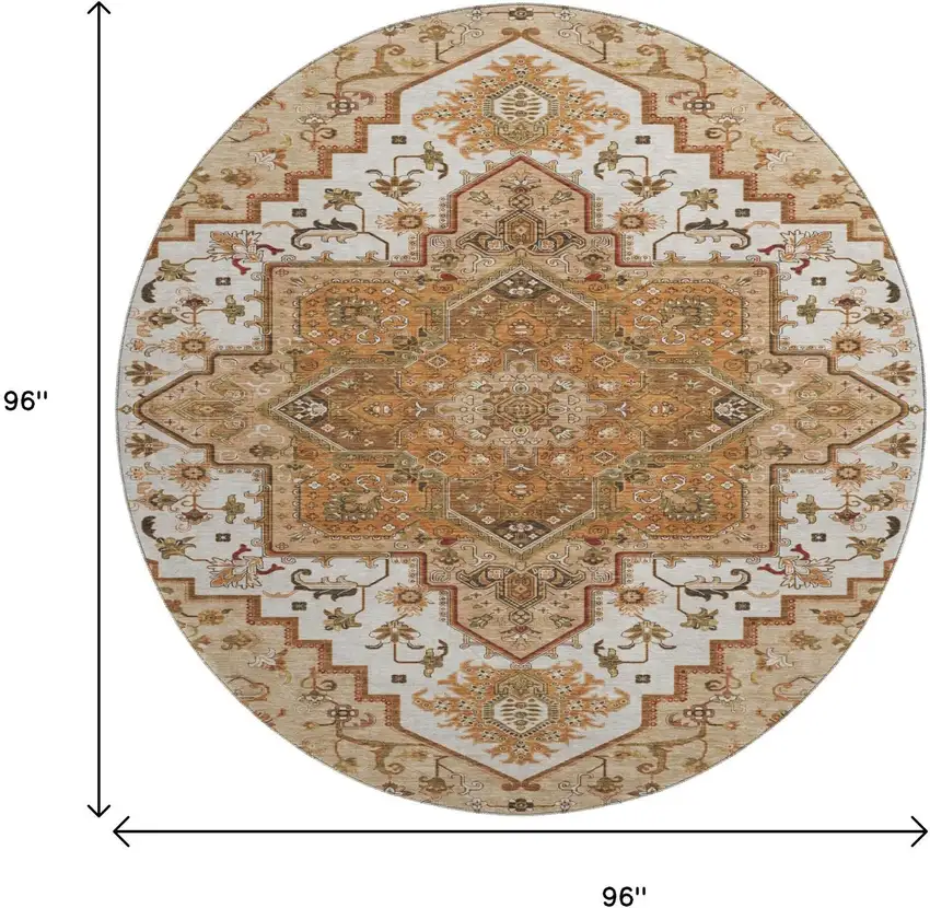 8' Terra Cotta Ivory And Beige Oriental Washable Round Rug With UV Protection Photo 9
