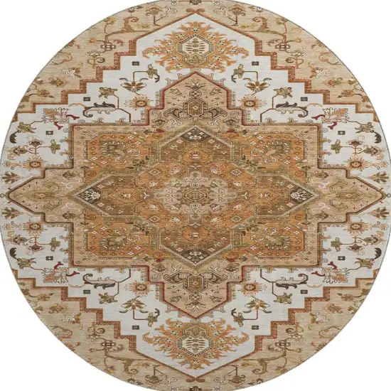 8' Terra Cotta Ivory And Beige Oriental Washable Round Rug With UV Protection Photo 2