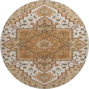 Photo of 8' Terra Cotta Ivory And Beige Oriental Washable Round Rug With UV Protection