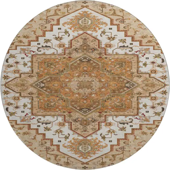 8' Terra Cotta Ivory And Beige Oriental Washable Round Rug With UV Protection Photo 1